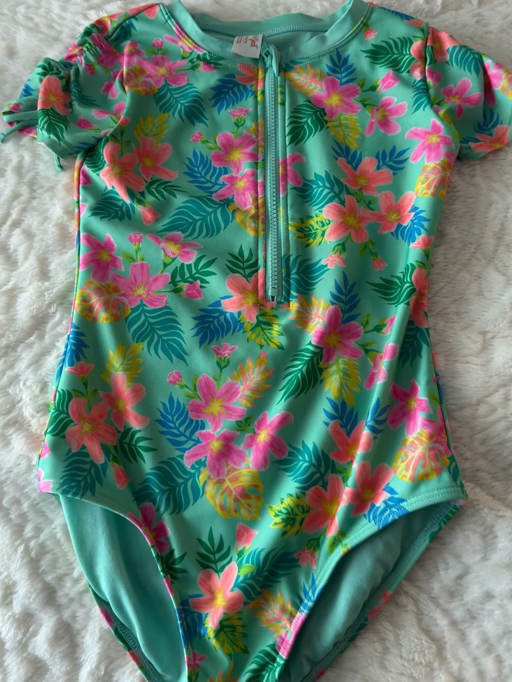 Cat & Jack Teal Floral Zip-Front One-Piece Swimsuit with Pink & Yellow Flowers